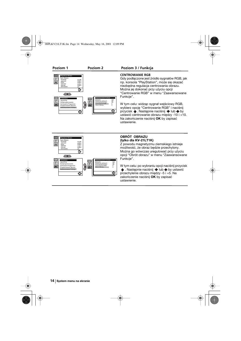 Poziom 1 poziom 2 poziom 3 / funkcja | Sony KV-21LT1K User Manual | Page 68 / 128
