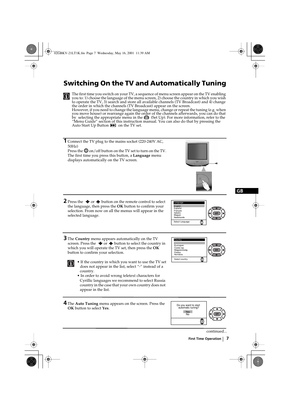 Switching on the tv and automatically tuning | Sony KV-21LT1K User Manual | Page 7 / 128