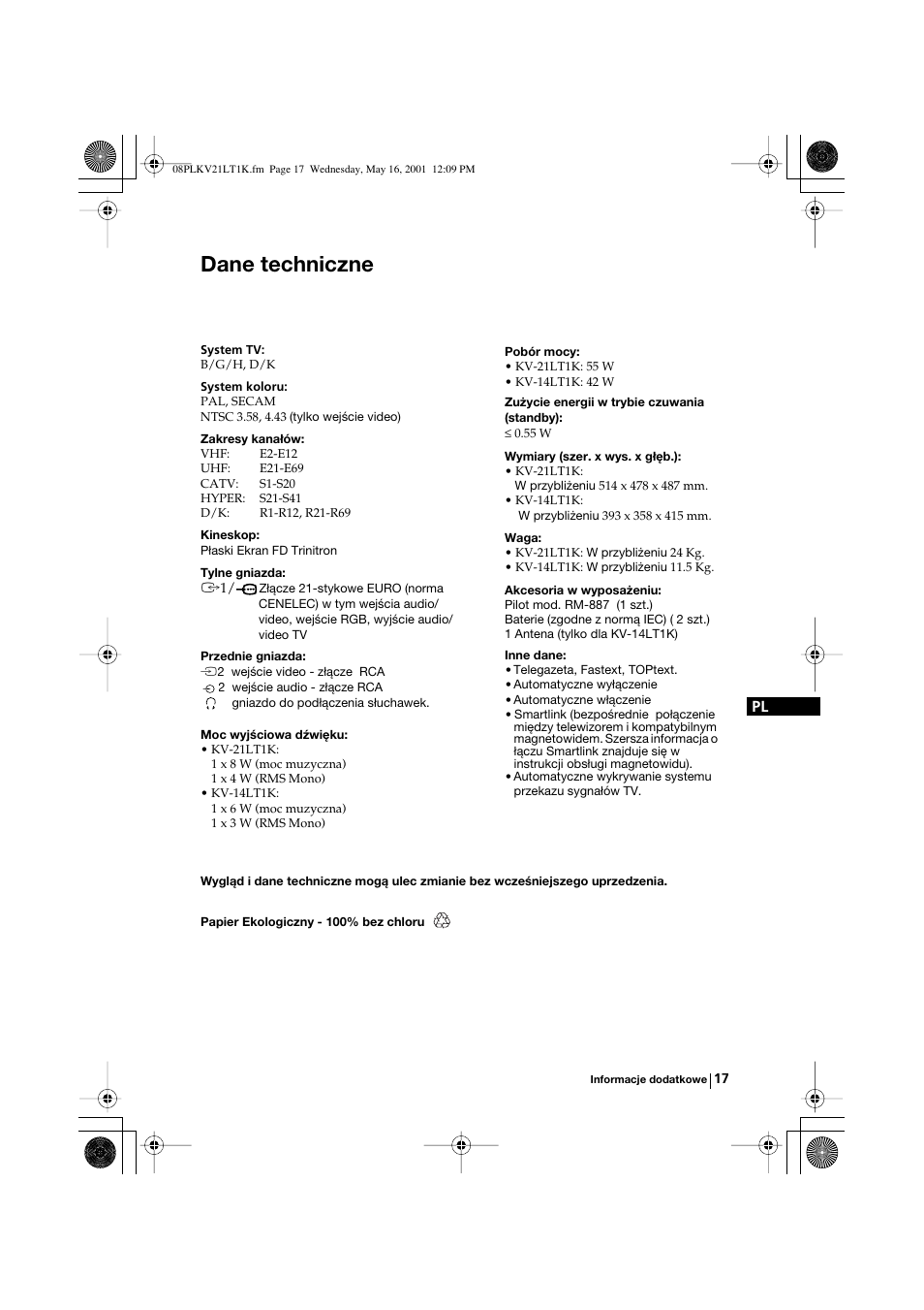 Dane techniczne | Sony KV-21LT1K User Manual | Page 71 / 128