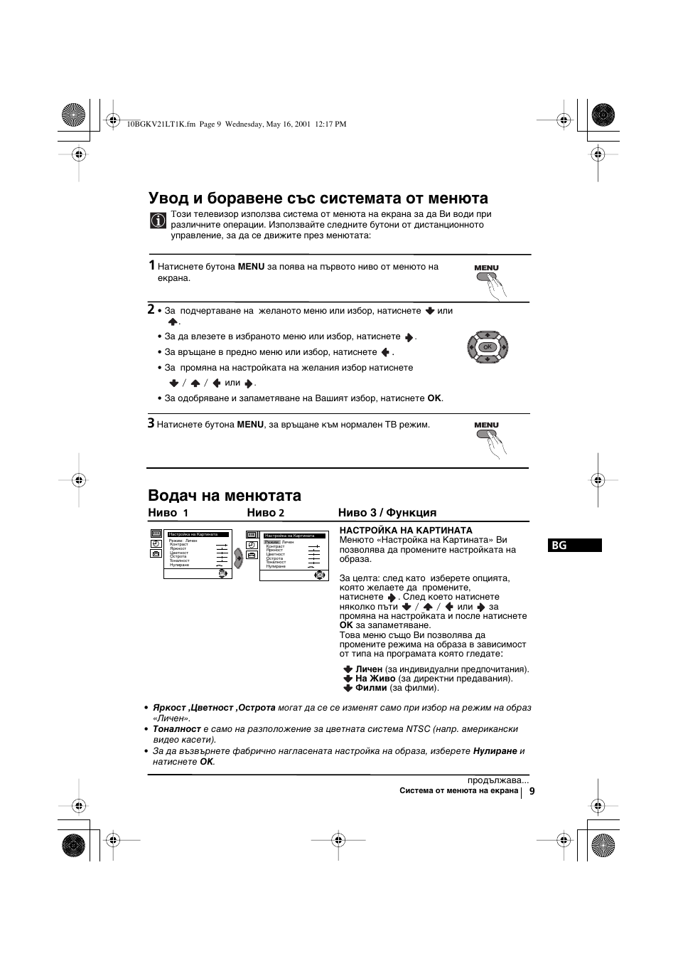 Увод и боравене със системата от менюта, Водач на менютата, Ниво | Ниво 3 / функция | Sony KV-21LT1K User Manual | Page 81 / 128