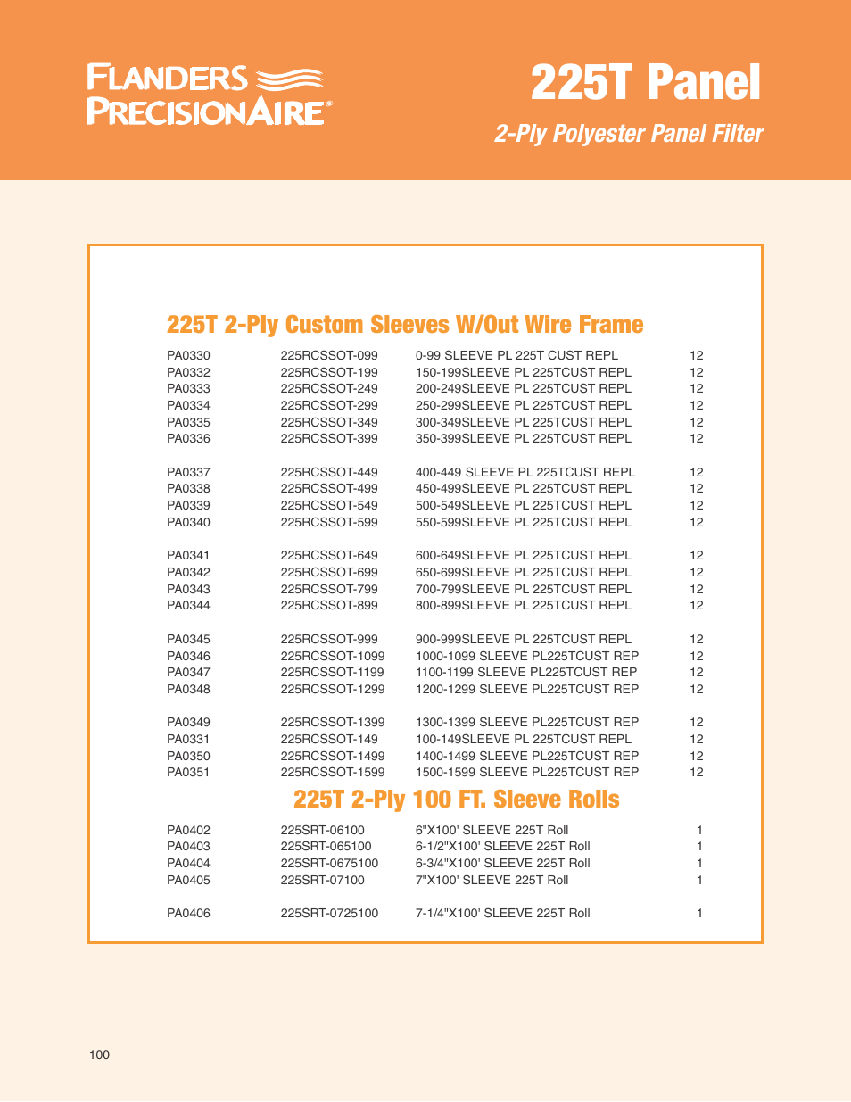 225t panel, 225t 2-ply custom sleeves w/out wire frame, Ply polyester panel filter | Precisionaire 2-Ply Polyester Panel Filter 225T Panels User Manual | Page 11 / 12