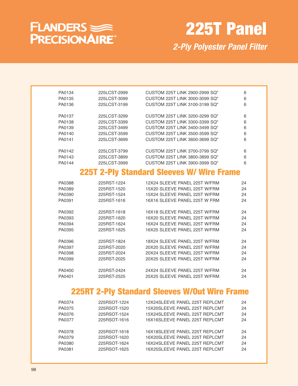 225t panel, 225t 2-ply standard sleeves w/ wire frame, 225rt 2-ply standard sleeves w/out wire frame | Ply polyester panel filter | Precisionaire 2-Ply Polyester Panel Filter 225T Panels User Manual | Page 9 / 12