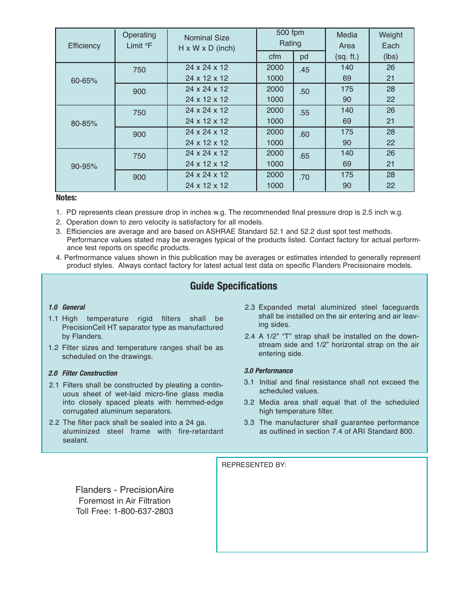 Guide specifications | Precisionaire High Temperature Rigid Filter PB1003 User Manual | Page 2 / 2
