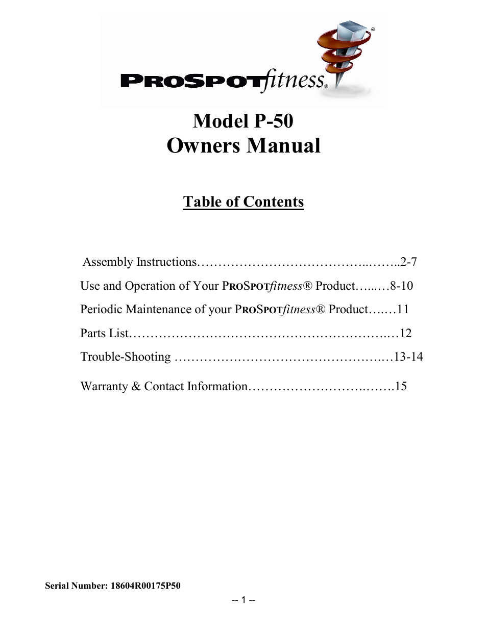 ProSpot Fitness P-50 User Manual | 15 pages