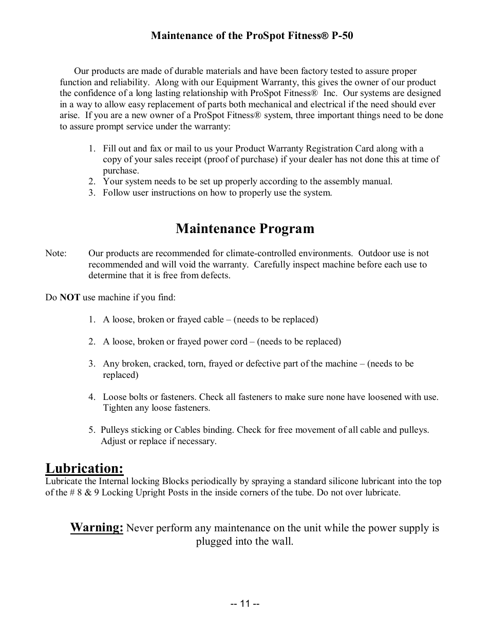 Maintenance program, Lubrication, Warning | ProSpot Fitness P-50 User Manual | Page 11 / 15