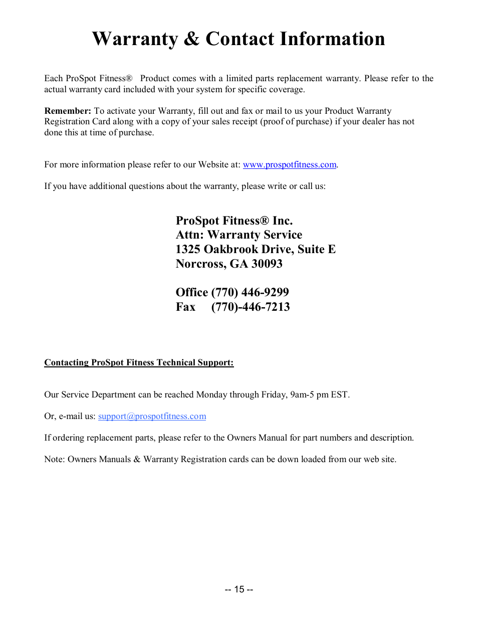 Warranty & contact information | ProSpot Fitness P-50 User Manual | Page 15 / 15