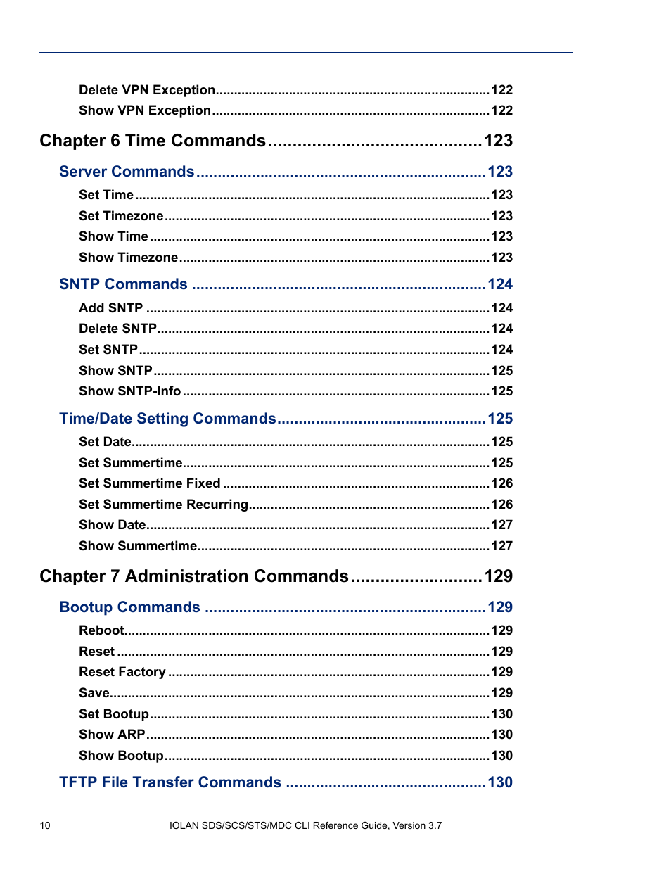 Chapter 6 time commands, Chapter 7 administration commands | Perle Systems IOLAN SDS User Manual | Page 10 / 162