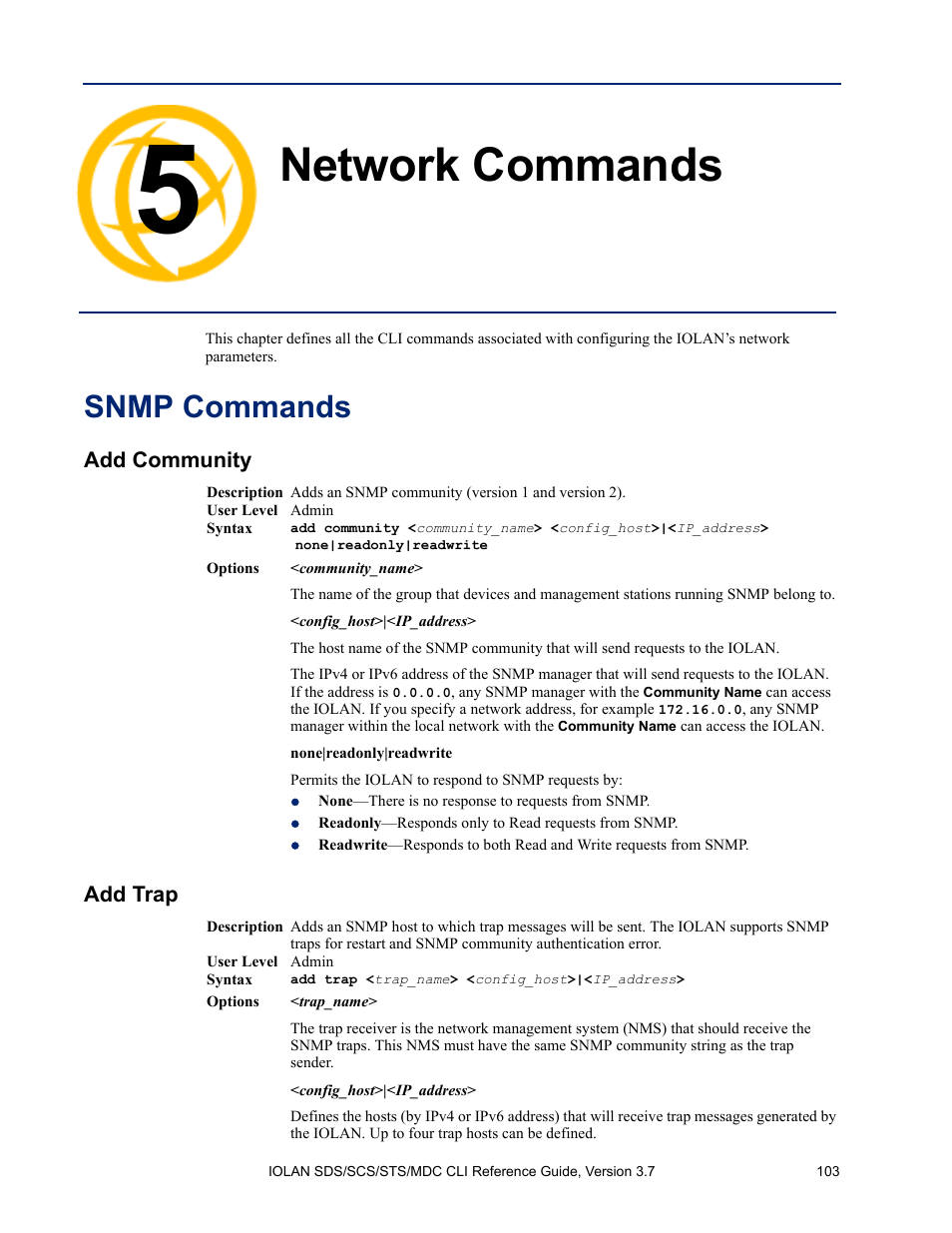 Network commands, Snmp commands, Add community | Add trap, Chapter 5 network commands | Perle Systems IOLAN SDS User Manual | Page 103 / 162