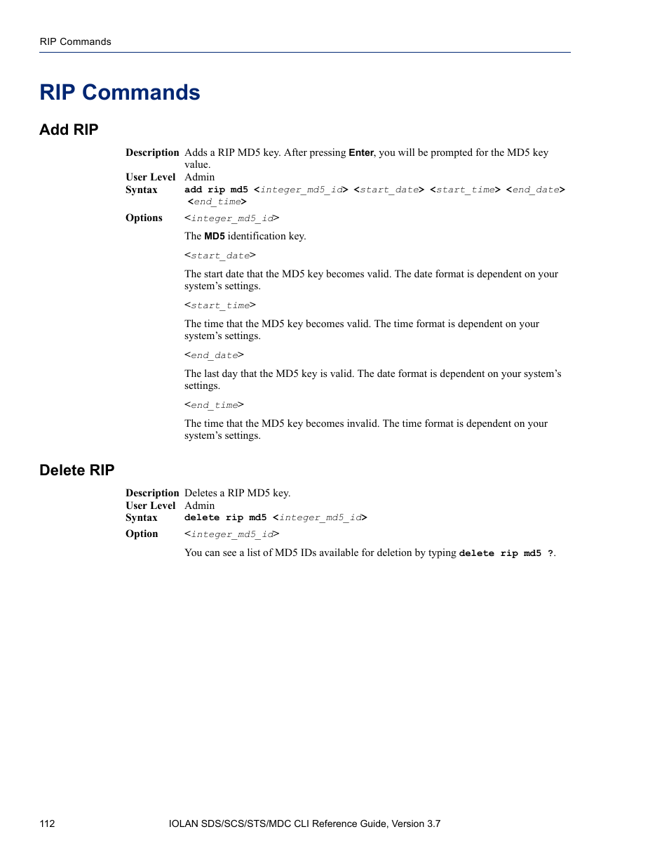 Rip commands, Add rip, Delete rip | Add rip delete rip | Perle Systems IOLAN SDS User Manual | Page 112 / 162