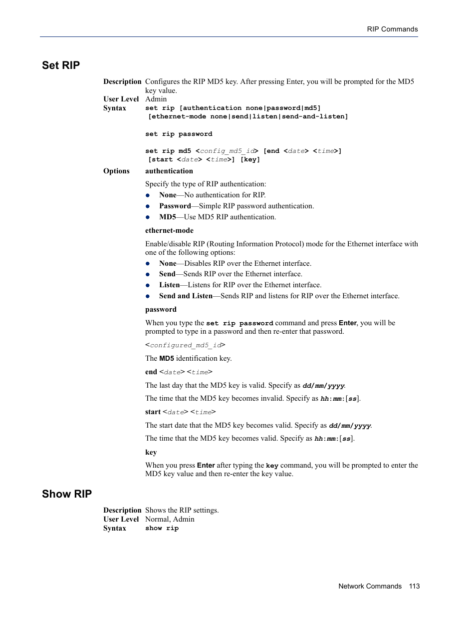 Set rip, Show rip, Set rip show rip | Perle Systems IOLAN SDS User Manual | Page 113 / 162