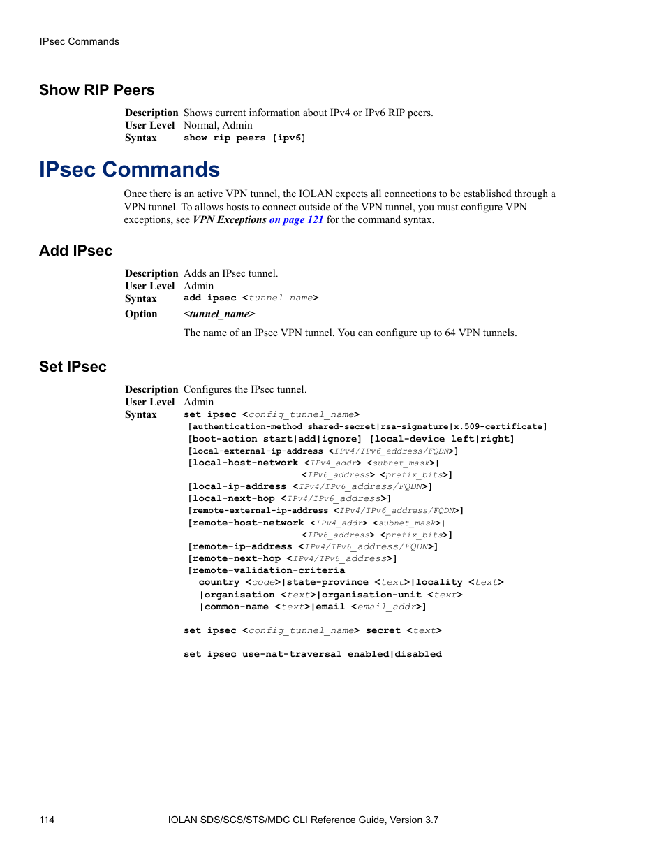 Show rip peers, Ipsec commands, Add ipsec | Set ipsec, Add ipsec set ipsec | Perle Systems IOLAN SDS User Manual | Page 114 / 162