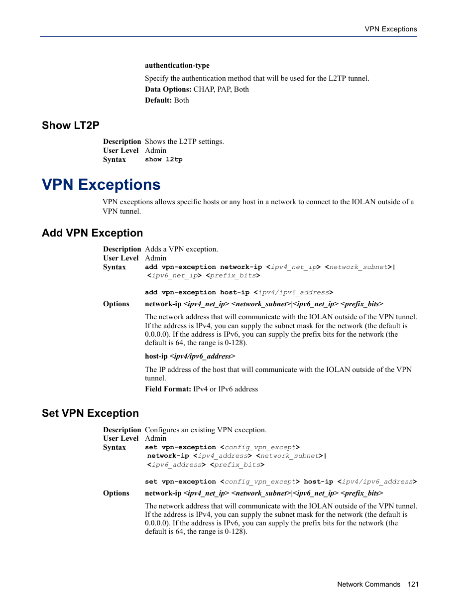 Show lt2p, Vpn exceptions, Add vpn exception | Set vpn exception, Add vpn exception set vpn exception | Perle Systems IOLAN SDS User Manual | Page 121 / 162