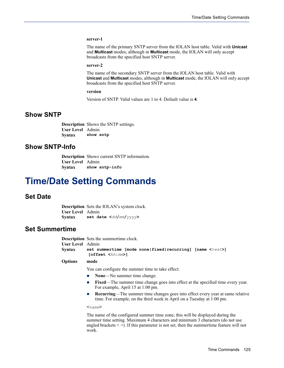 Show sntp, Show sntp-info, Time/date setting commands | Set date, Set summertime, Show sntp show sntp-info, Set date set summertime | Perle Systems IOLAN SDS User Manual | Page 125 / 162