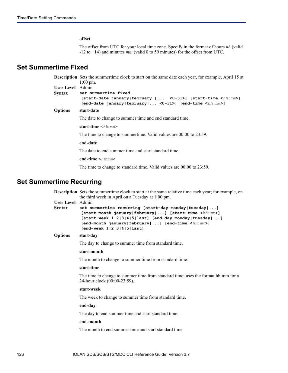 Set summertime fixed, Set summertime recurring, Set summertime fixed set summertime recurring | Perle Systems IOLAN SDS User Manual | Page 126 / 162