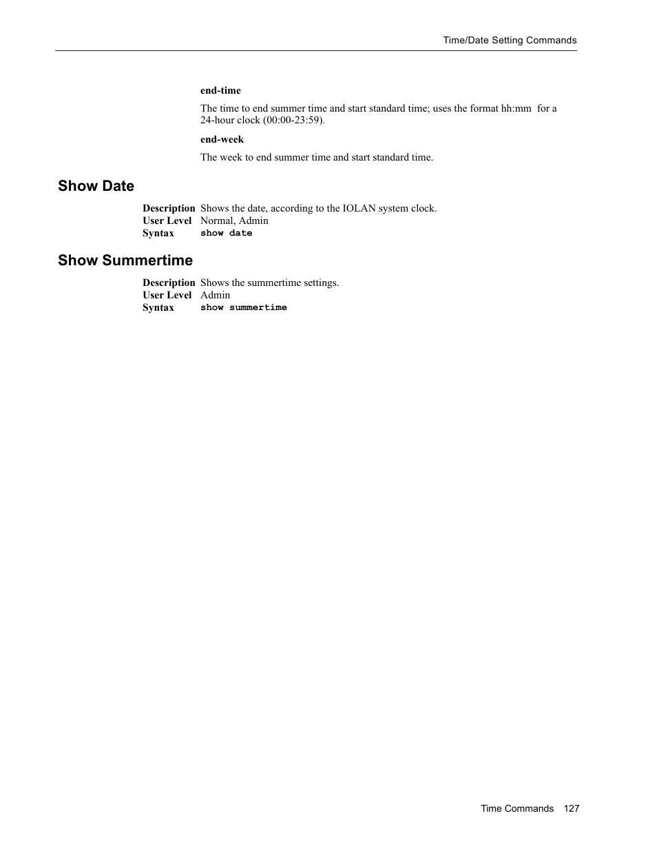 Show date, Show summertime, Show date show summertime | Perle Systems IOLAN SDS User Manual | Page 127 / 162