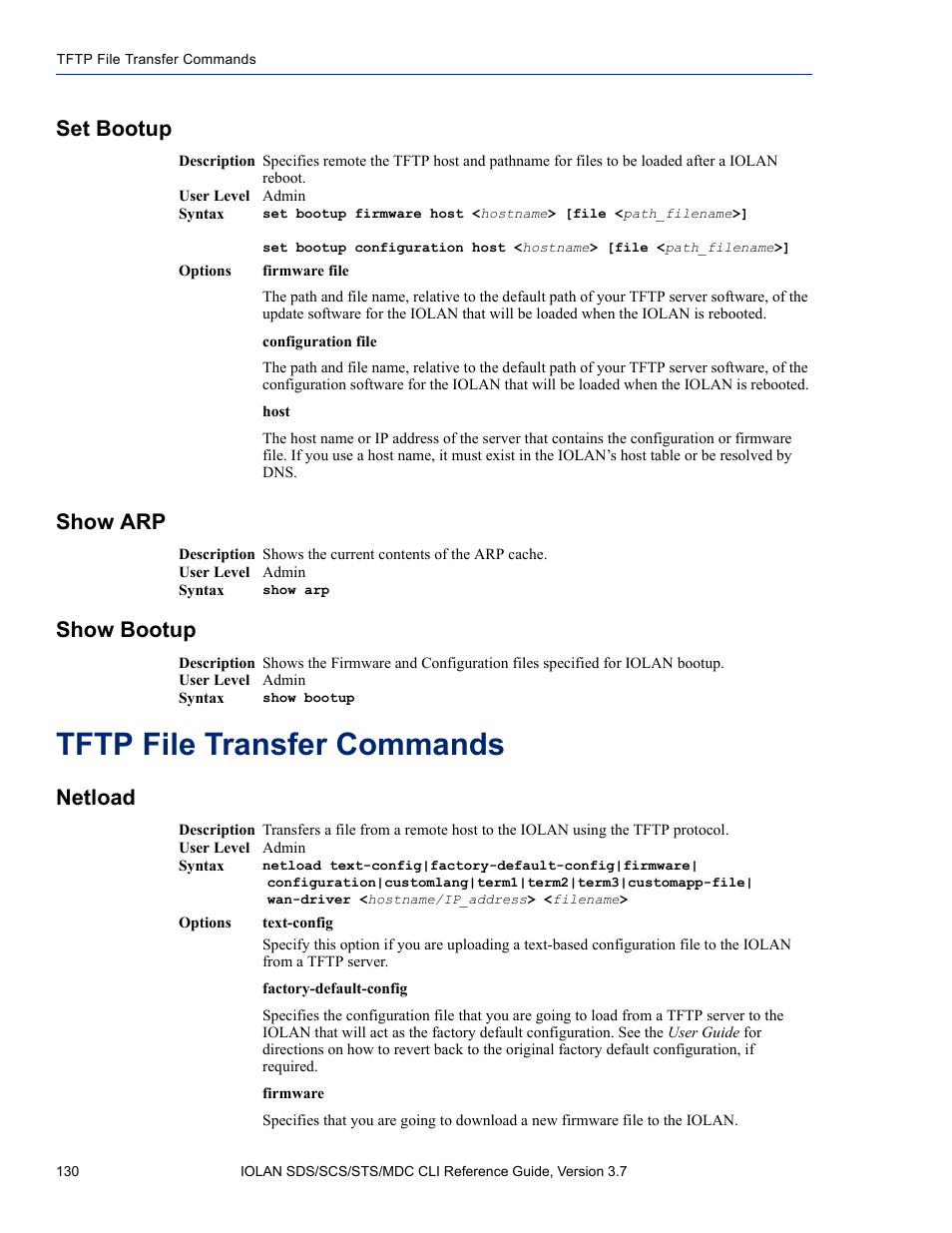 Set bootup, Show arp, Show bootup | Tftp file transfer commands, Netload, Set bootup show arp show bootup | Perle Systems IOLAN SDS User Manual | Page 130 / 162