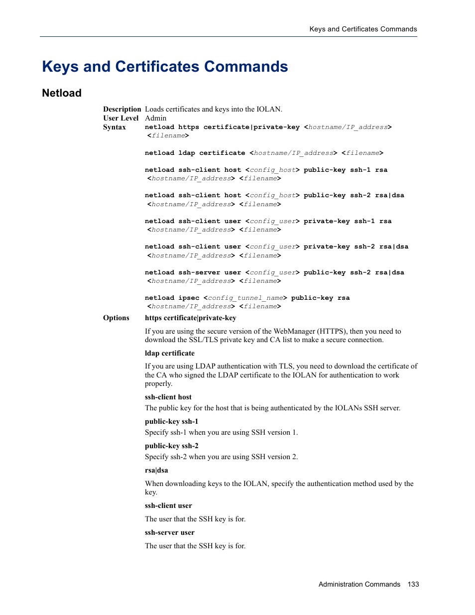 Keys and certificates commands, Netload | Perle Systems IOLAN SDS User Manual | Page 133 / 162