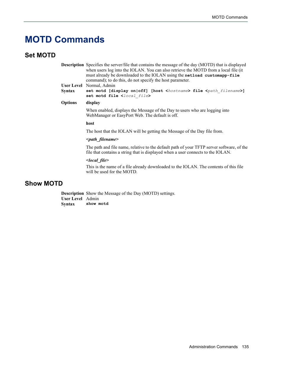Motd commands, Set motd, Show motd | Set motd show motd | Perle Systems IOLAN SDS User Manual | Page 135 / 162