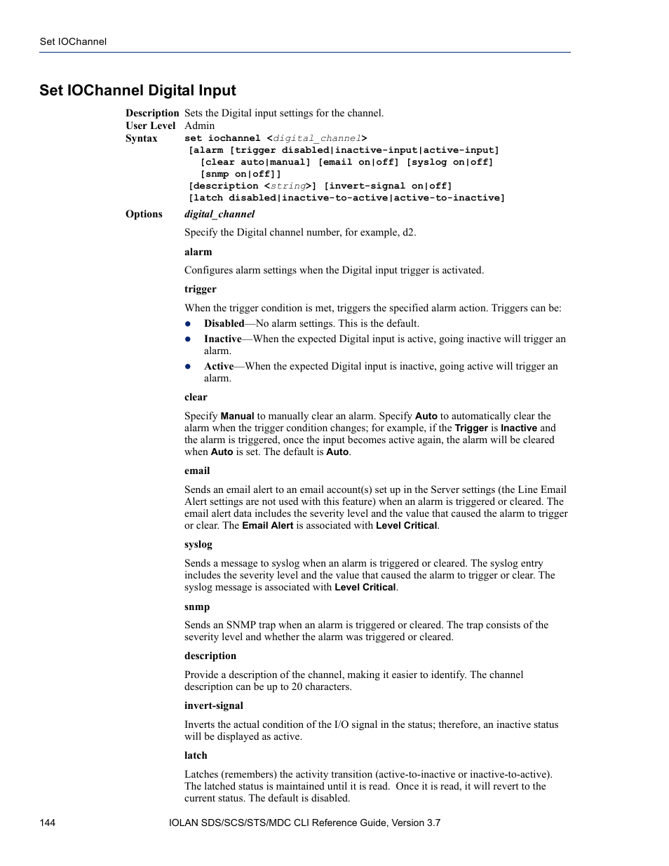 Set iochannel digital input | Perle Systems IOLAN SDS User Manual | Page 144 / 162