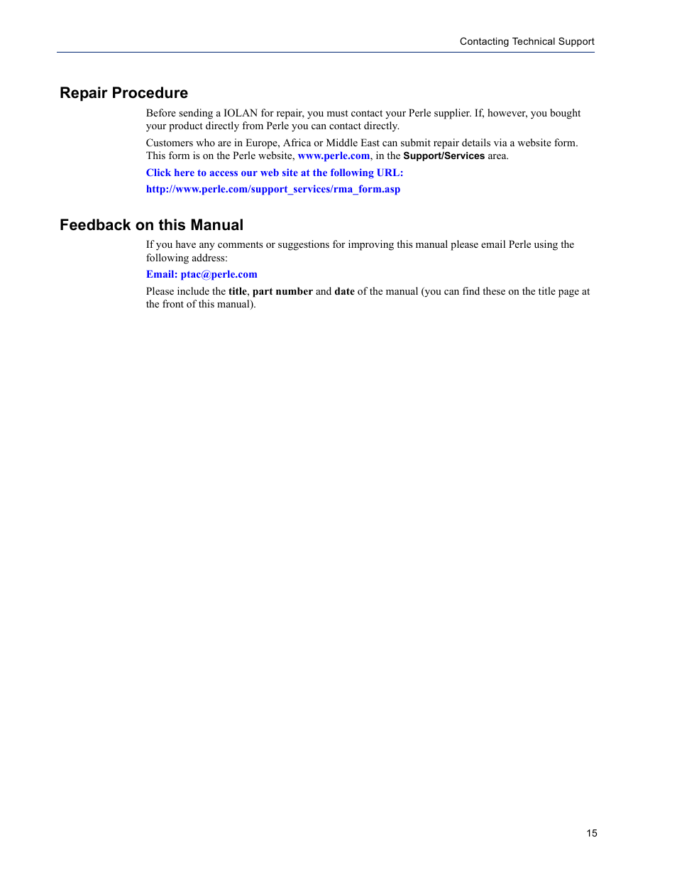 Repair procedure, Feedback on this manual | Perle Systems IOLAN SDS User Manual | Page 15 / 162