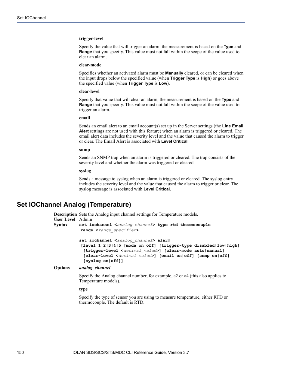 Set iochannel analog (temperature) | Perle Systems IOLAN SDS User Manual | Page 150 / 162