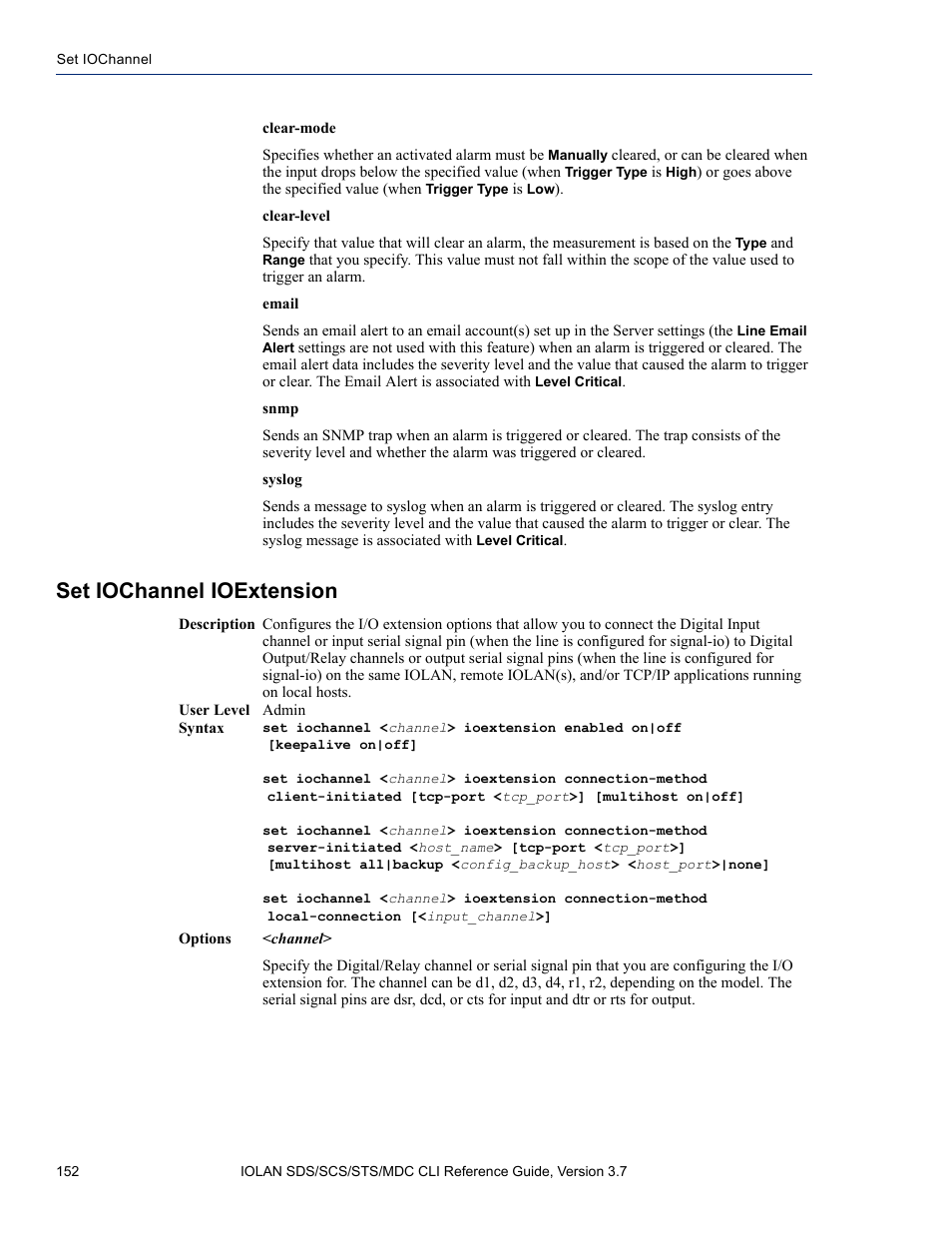 Set iochannel ioextension, Iochannel ioextension | Perle Systems IOLAN SDS User Manual | Page 152 / 162