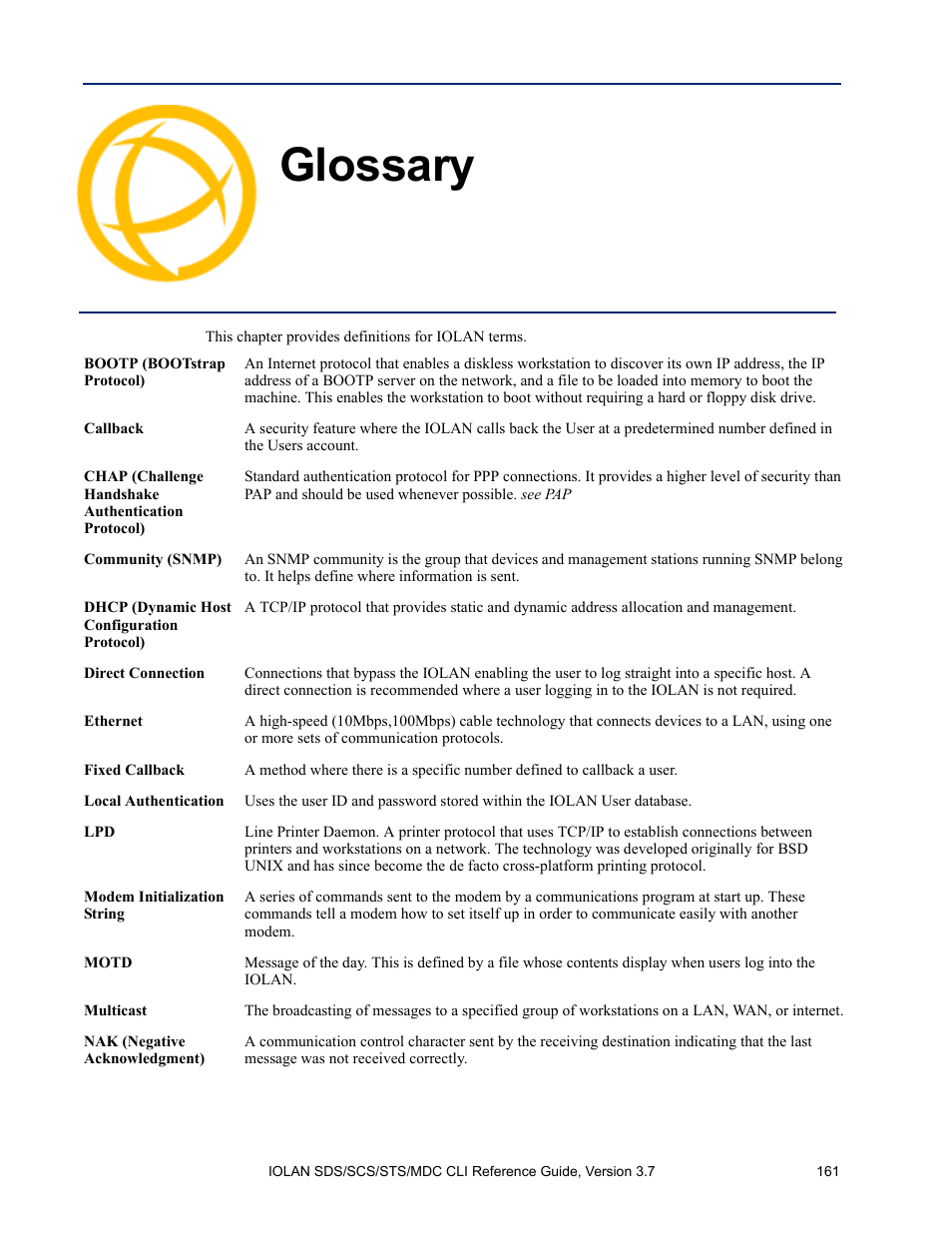 Glossary | Perle Systems IOLAN SDS User Manual | Page 161 / 162
