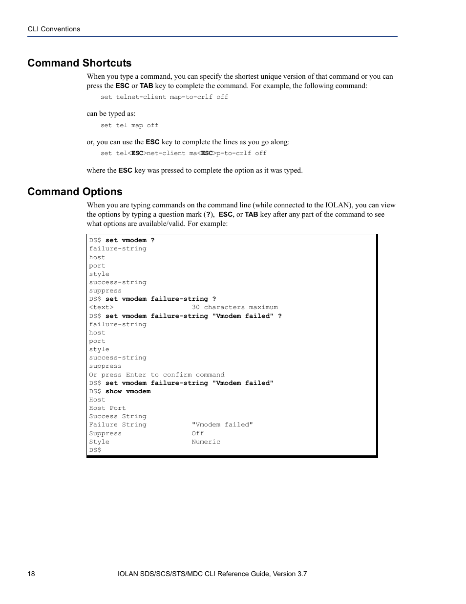 Command shortcuts, Command options | Perle Systems IOLAN SDS User Manual | Page 18 / 162