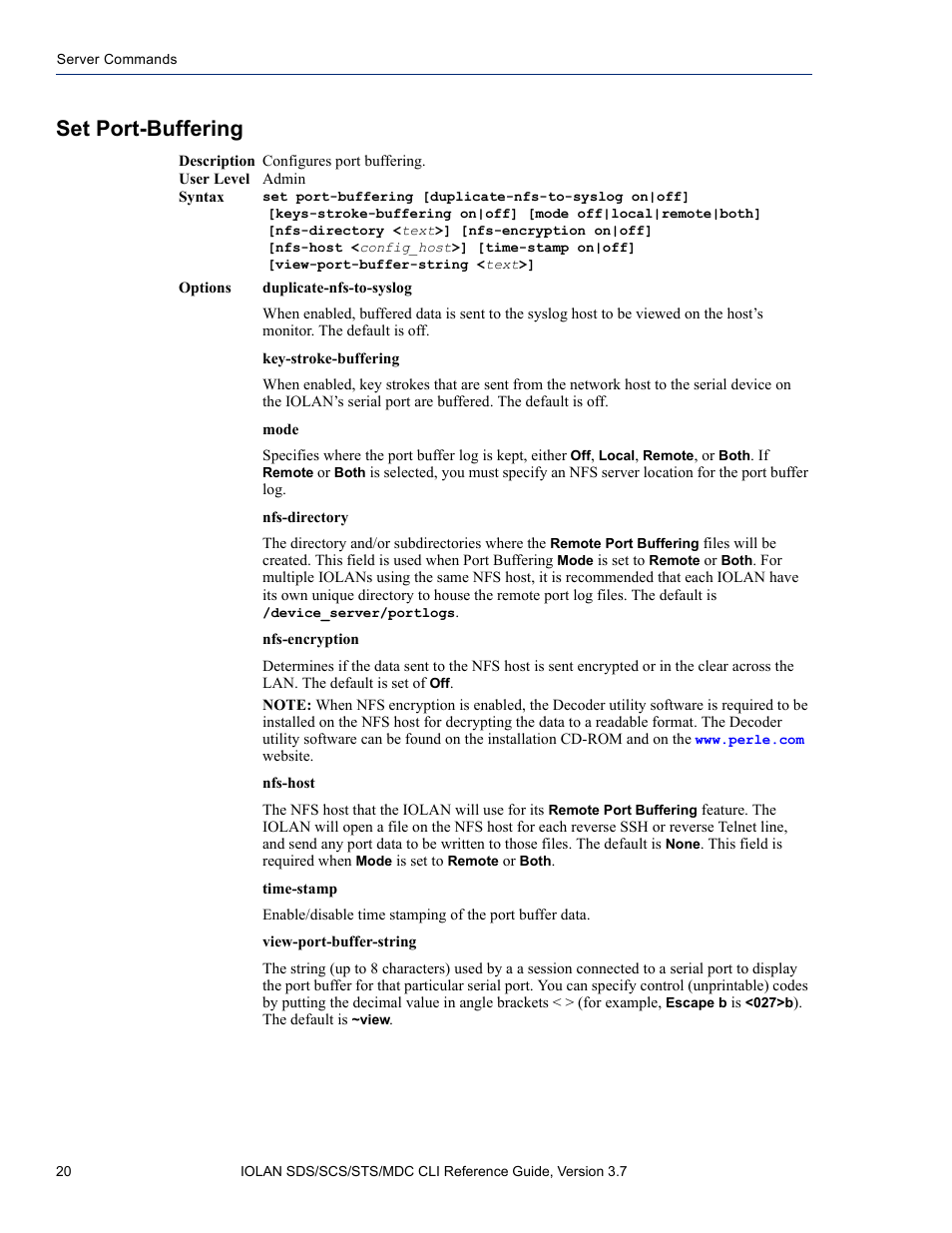 Set port-buffering | Perle Systems IOLAN SDS User Manual | Page 20 / 162