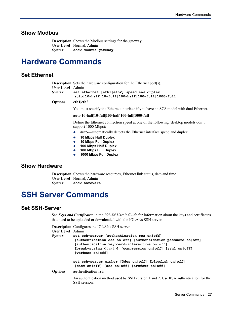 Show modbus, Hardware commands, Set ethernet | Show hardware, Ssh server commands, Set ssh-server, Set ethernet show hardware | Perle Systems IOLAN SDS User Manual | Page 27 / 162