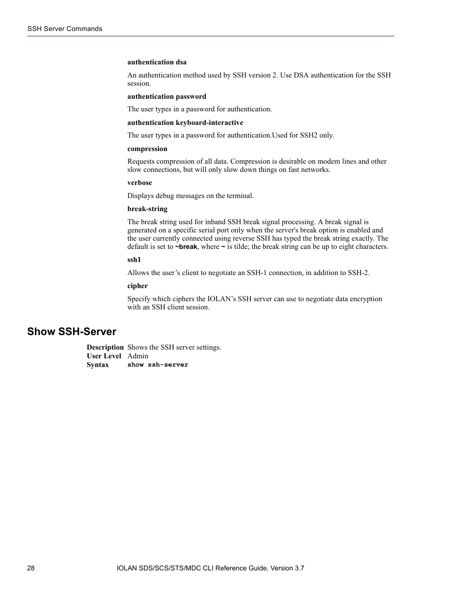 Show ssh-server | Perle Systems IOLAN SDS User Manual | Page 28 / 162