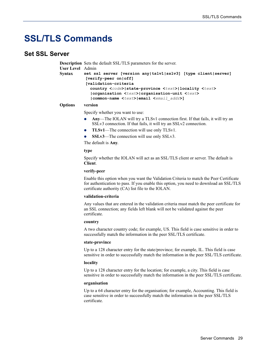 Ssl/tls commands, Set ssl server | Perle Systems IOLAN SDS User Manual | Page 29 / 162