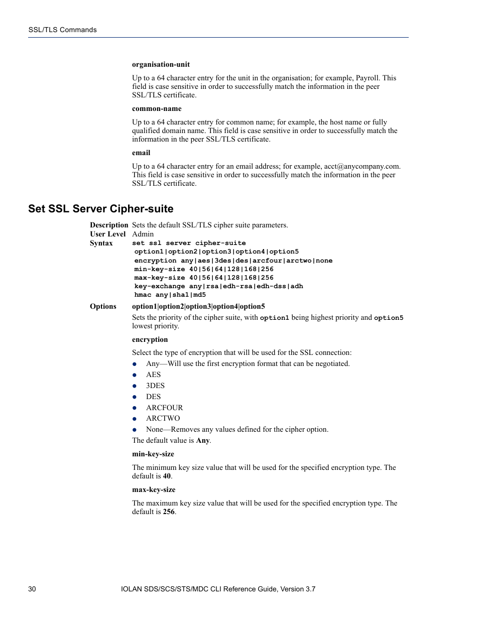 Set ssl server cipher-suite | Perle Systems IOLAN SDS User Manual | Page 30 / 162