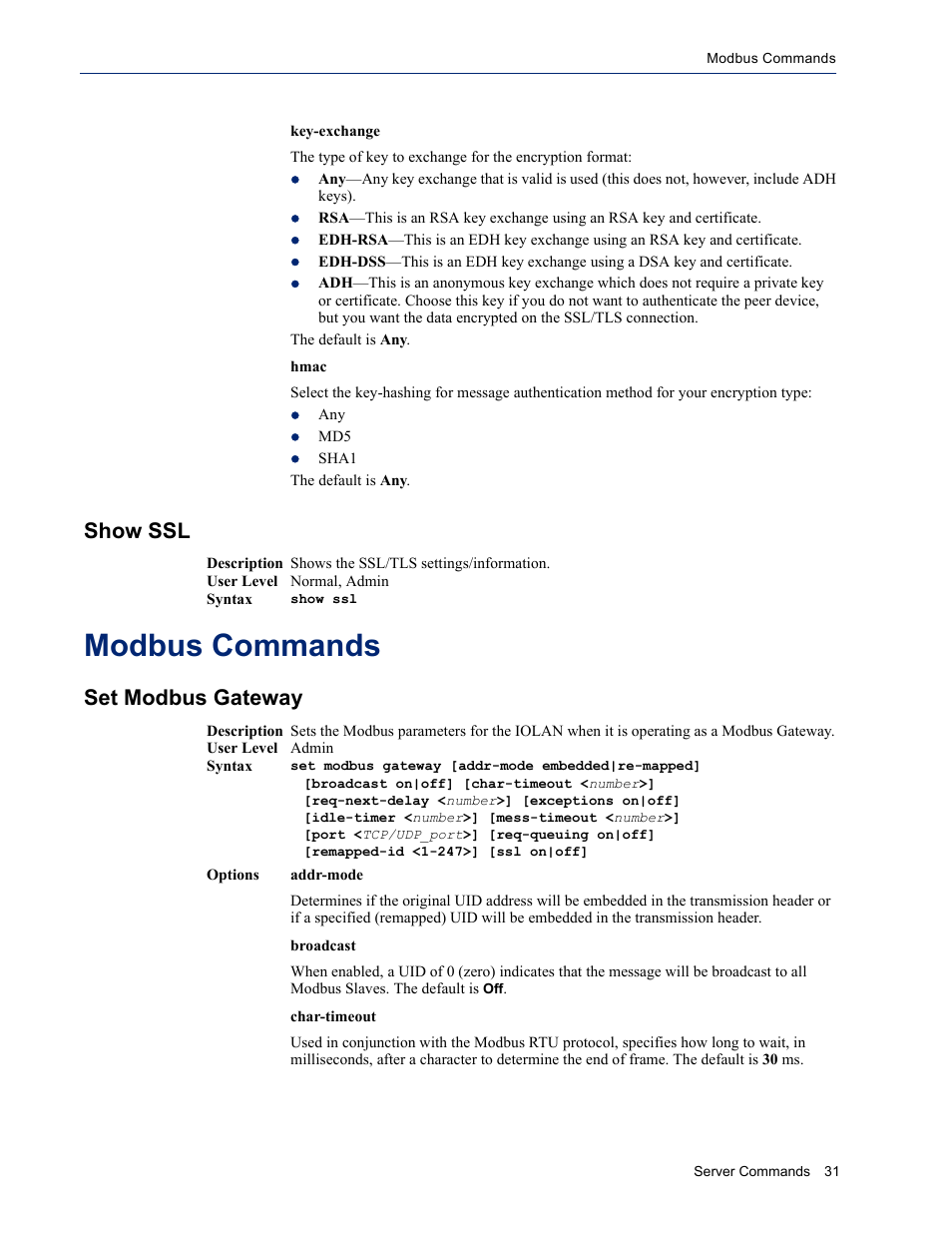 Show ssl, Modbus commands, Set modbus gateway | Perle Systems IOLAN SDS User Manual | Page 31 / 162