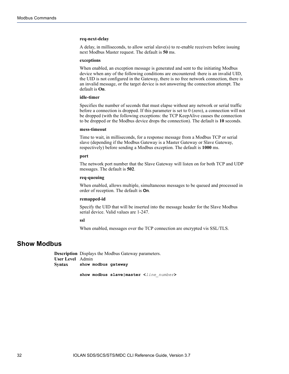 Show modbus | Perle Systems IOLAN SDS User Manual | Page 32 / 162