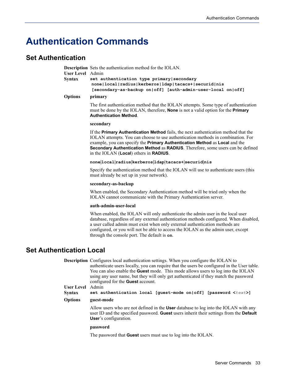 Authentication commands, Set authentication, Set authentication local | Set authentication set authentication local | Perle Systems IOLAN SDS User Manual | Page 33 / 162