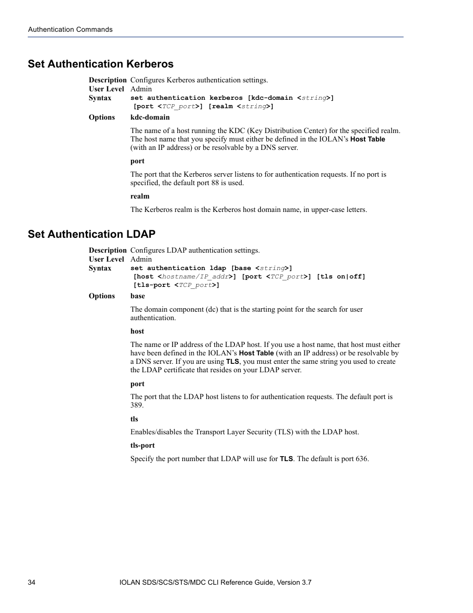 Set authentication kerberos, Set authentication ldap | Perle Systems IOLAN SDS User Manual | Page 34 / 162