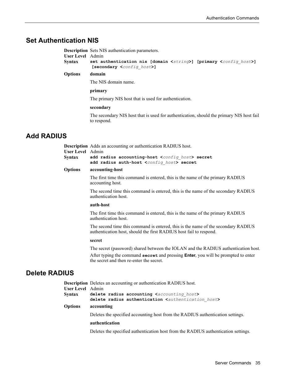 Set authentication nis, Add radius, Delete radius | Set authentication nis add radius delete radius | Perle Systems IOLAN SDS User Manual | Page 35 / 162