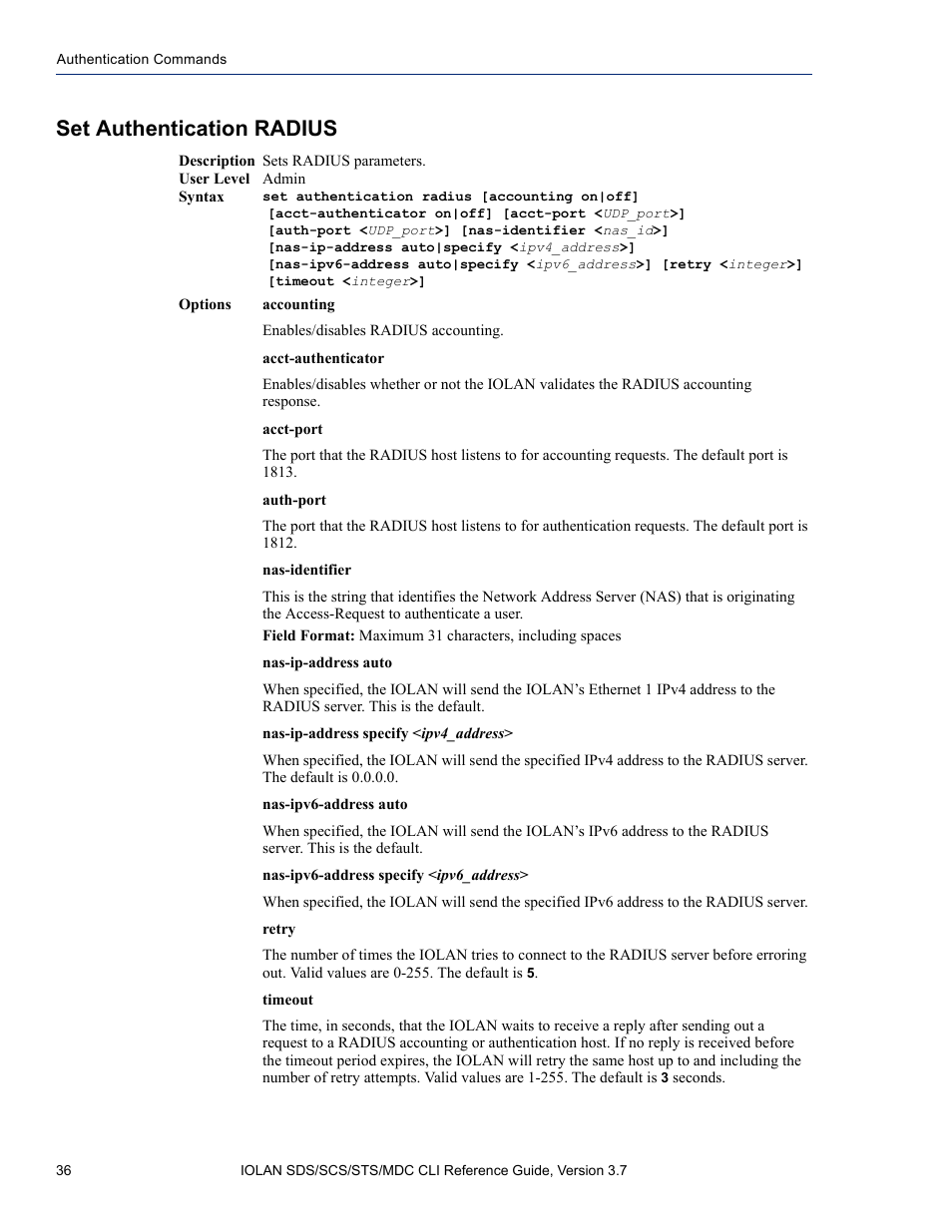 Set authentication radius | Perle Systems IOLAN SDS User Manual | Page 36 / 162