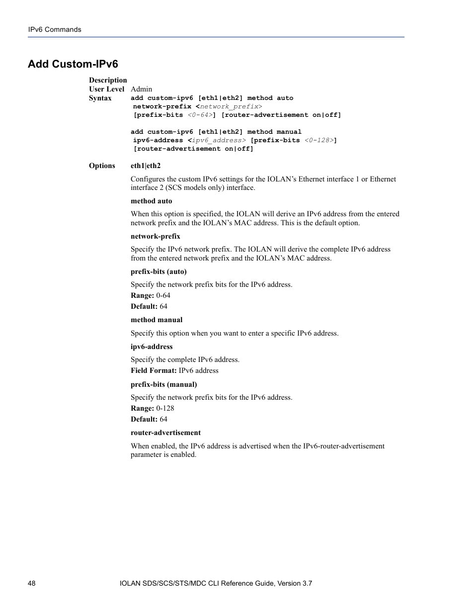 Add custom-ipv6 | Perle Systems IOLAN SDS User Manual | Page 48 / 162