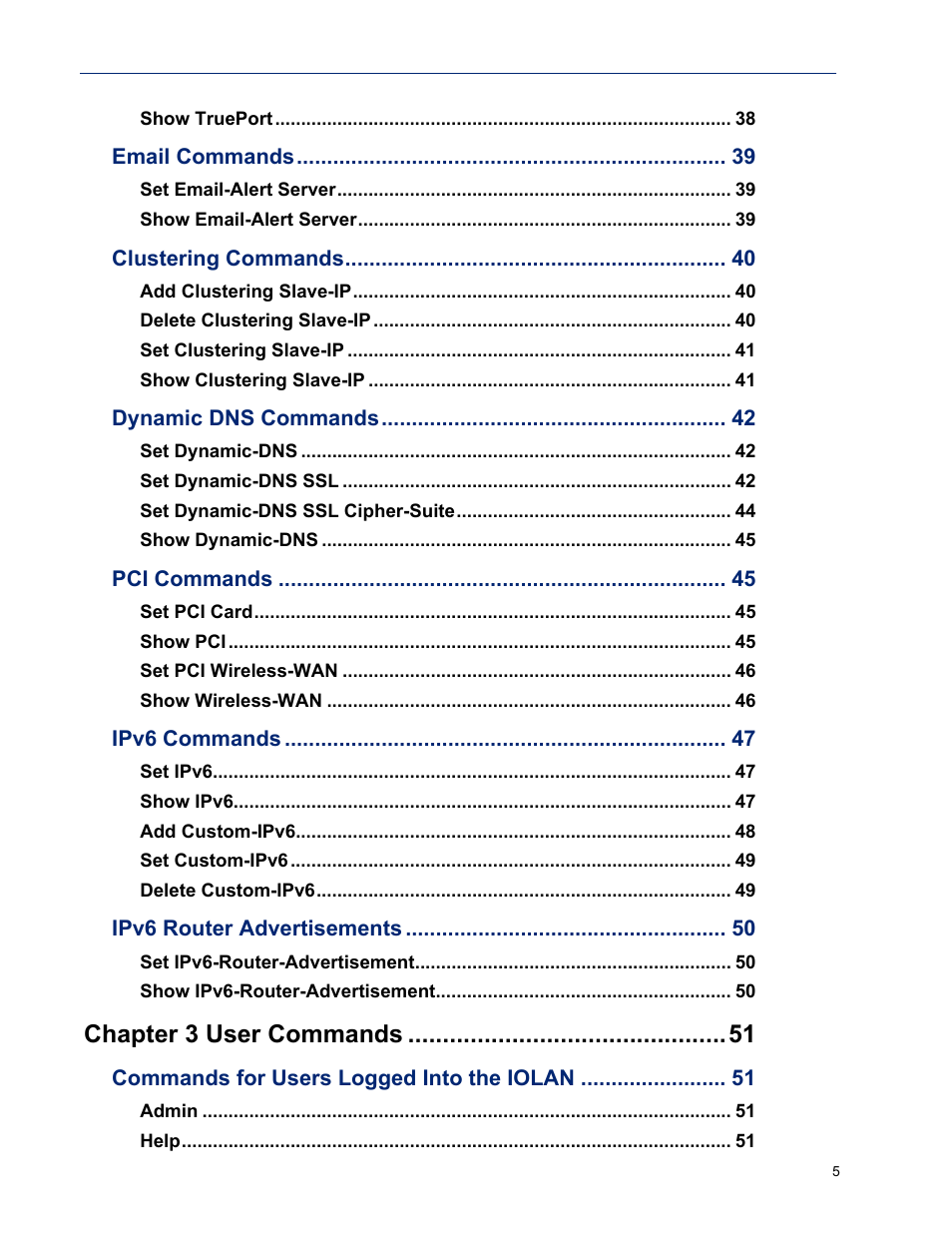 Chapter 3 user commands | Perle Systems IOLAN SDS User Manual | Page 5 / 162