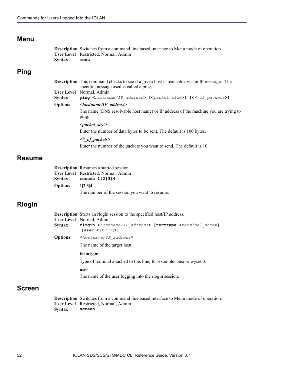 Menu, Ping, Resume | Rlogin, Screen, Menu ping resume rlogin screen | Perle Systems IOLAN SDS User Manual | Page 52 / 162
