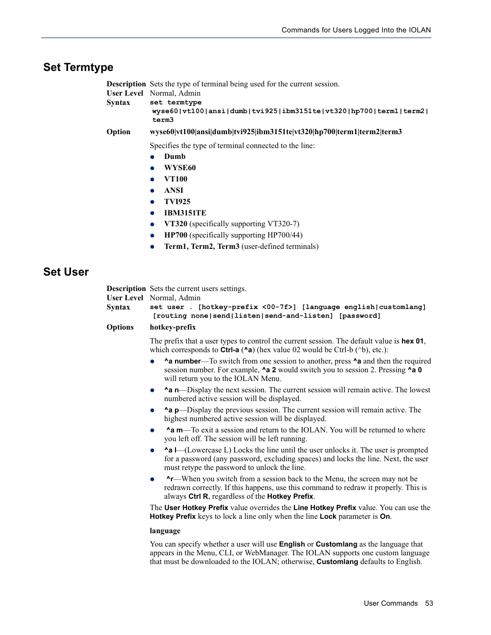 Set termtype, Set user, Set termtype set user | Perle Systems IOLAN SDS User Manual | Page 53 / 162