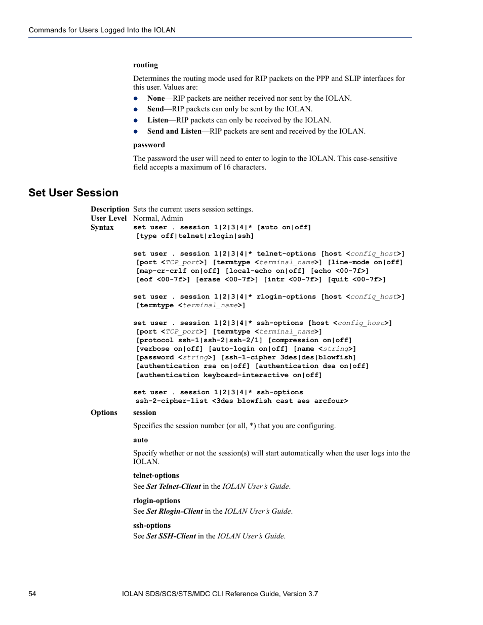 Set user session | Perle Systems IOLAN SDS User Manual | Page 54 / 162