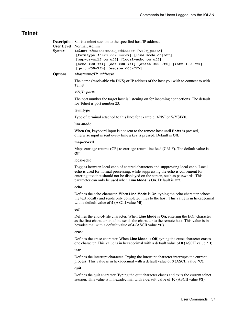 Telnet | Perle Systems IOLAN SDS User Manual | Page 57 / 162