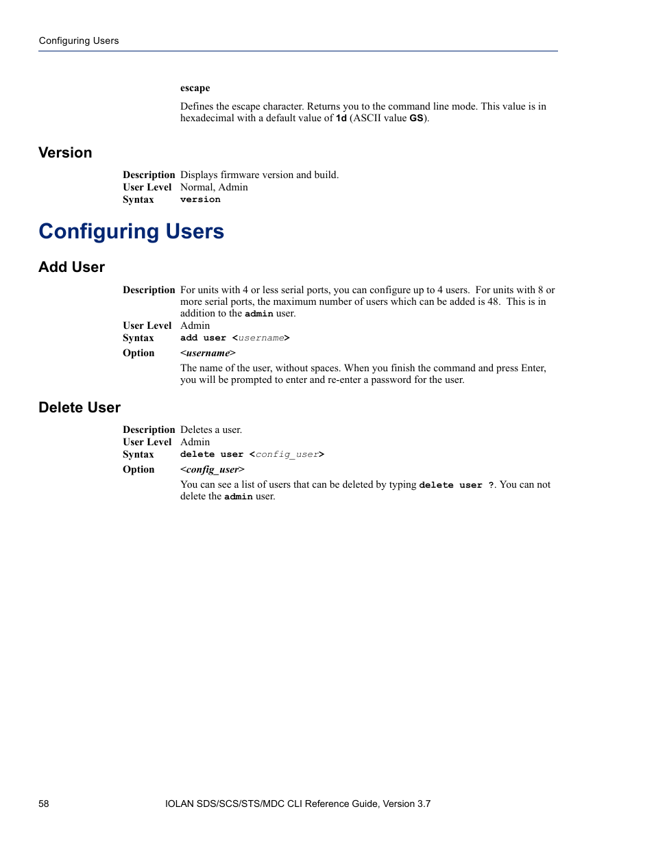 Version, Configuring users, Add user | Delete user, Add user delete user | Perle Systems IOLAN SDS User Manual | Page 58 / 162