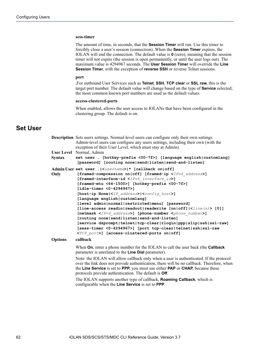 Set user | Perle Systems IOLAN SDS User Manual | Page 62 / 162
