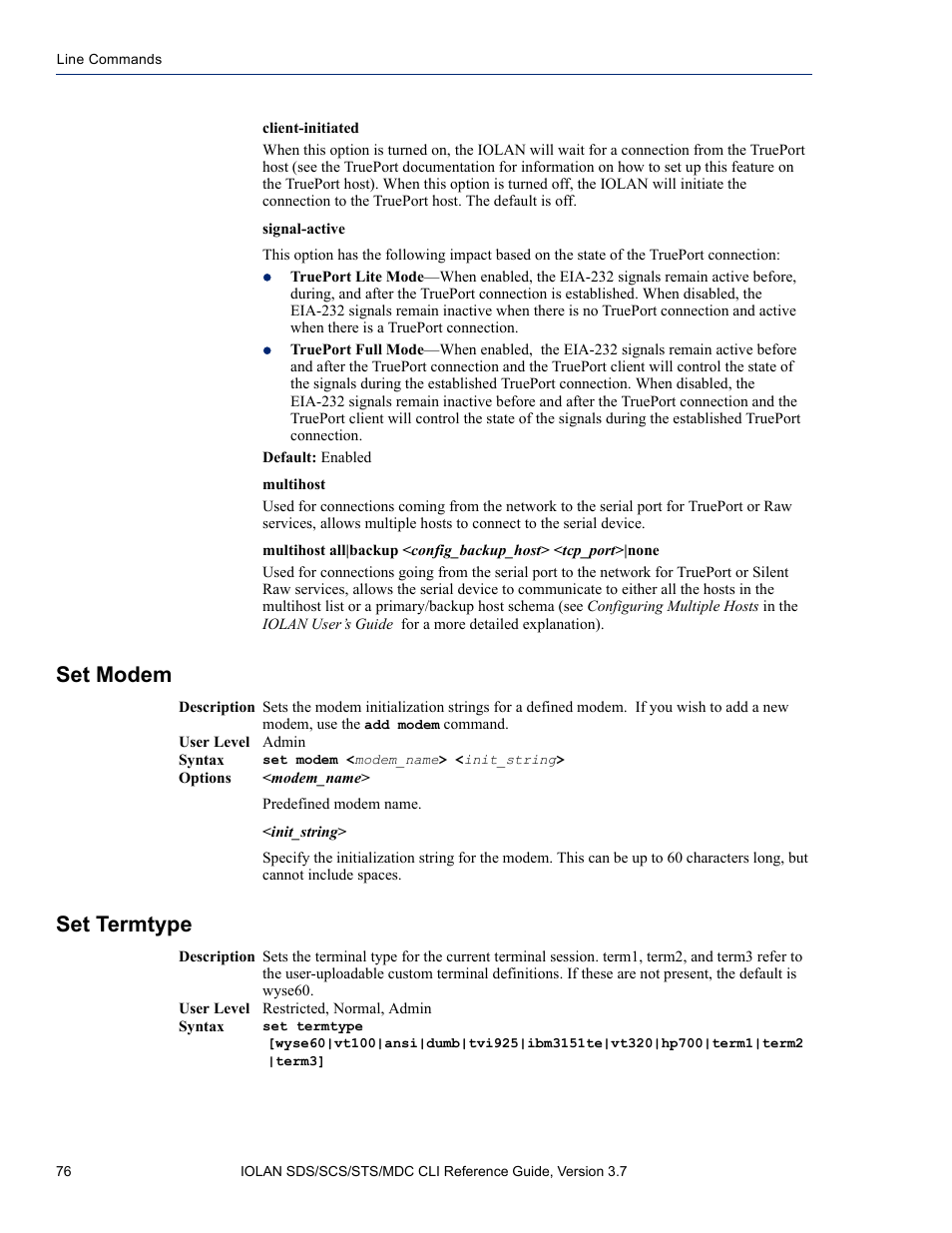 Set modem, Set termtype, Set modem set termtype | Perle Systems IOLAN SDS User Manual | Page 76 / 162