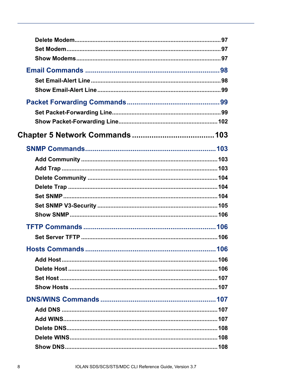 Chapter 5 network commands | Perle Systems IOLAN SDS User Manual | Page 8 / 162