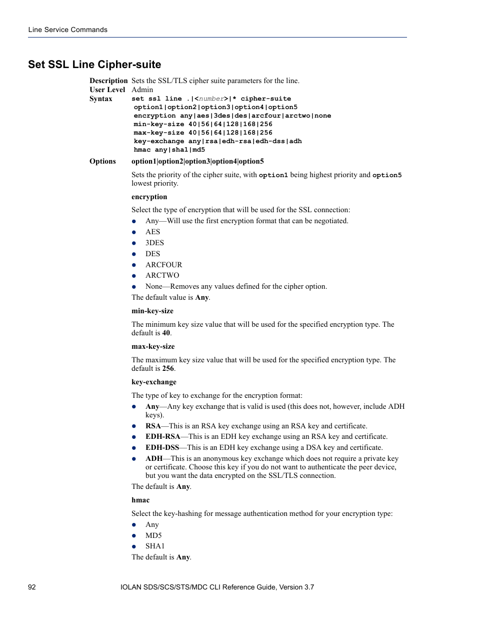 Set ssl line cipher-suite | Perle Systems IOLAN SDS User Manual | Page 92 / 162